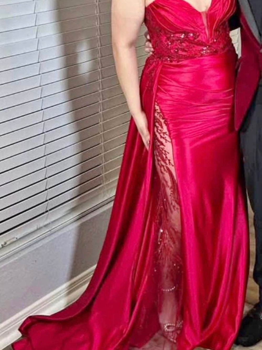 Red Satin Gown with Embellished Waist and Sheer Side Panel